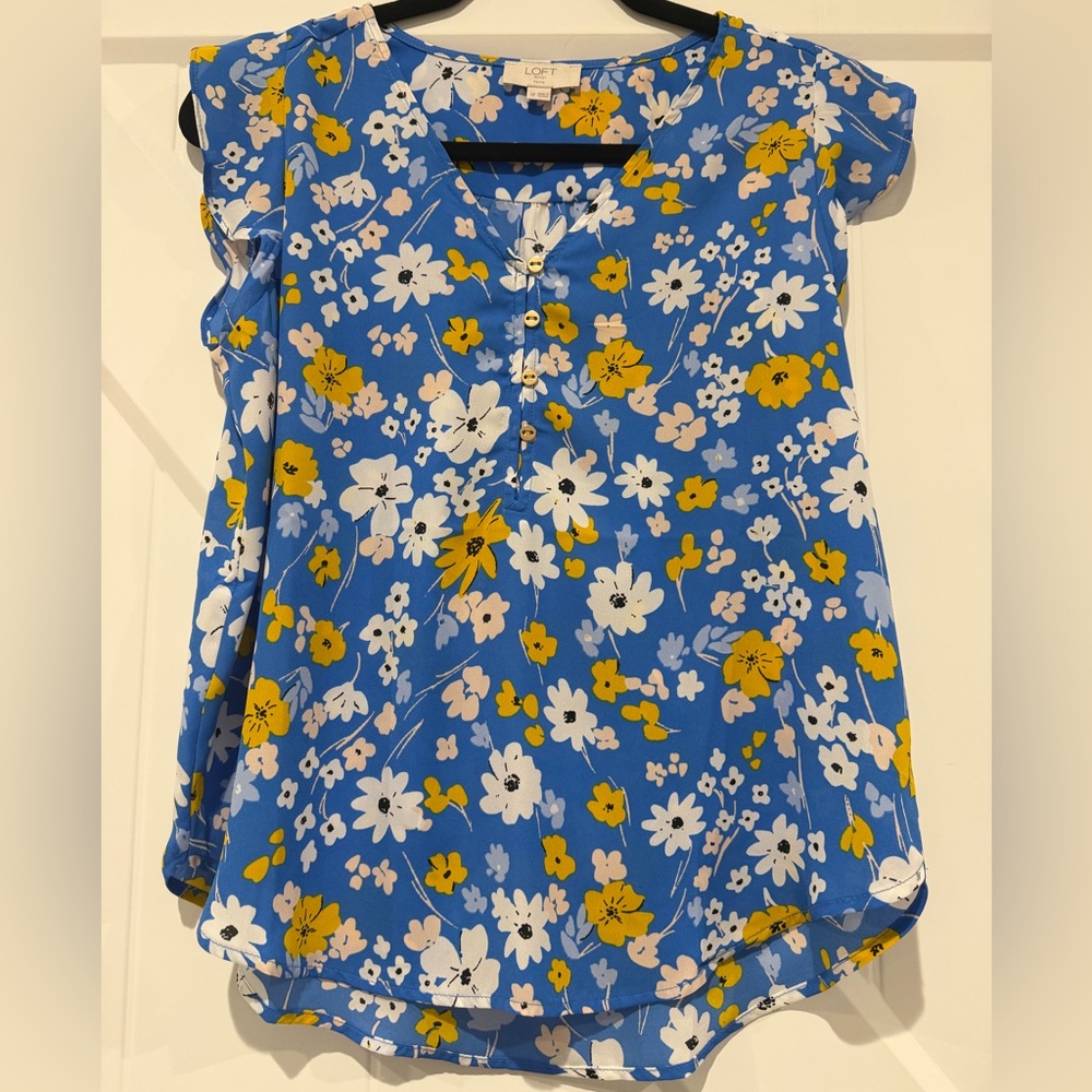LOFT Blue Blouse with Yellow and White Floral Design